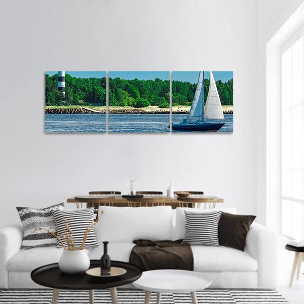 Blue Sailboat In Sea Panoramic Canvas Wall Art-3 Piece-25" x 08"-Tiaracle