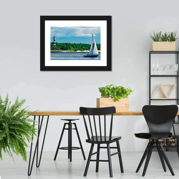 Blue Sailboat In Sea Panoramic Canvas Wall Art-1 Piece-36" x 12"-Tiaracle