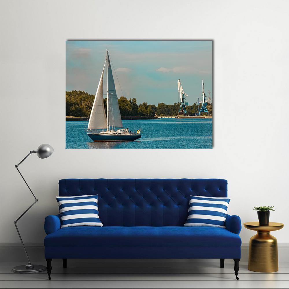 Blue Sailboat In Travel Canvas Wall Art-1 Piece-Gallery Wrap-48" x 32"-Tiaracle