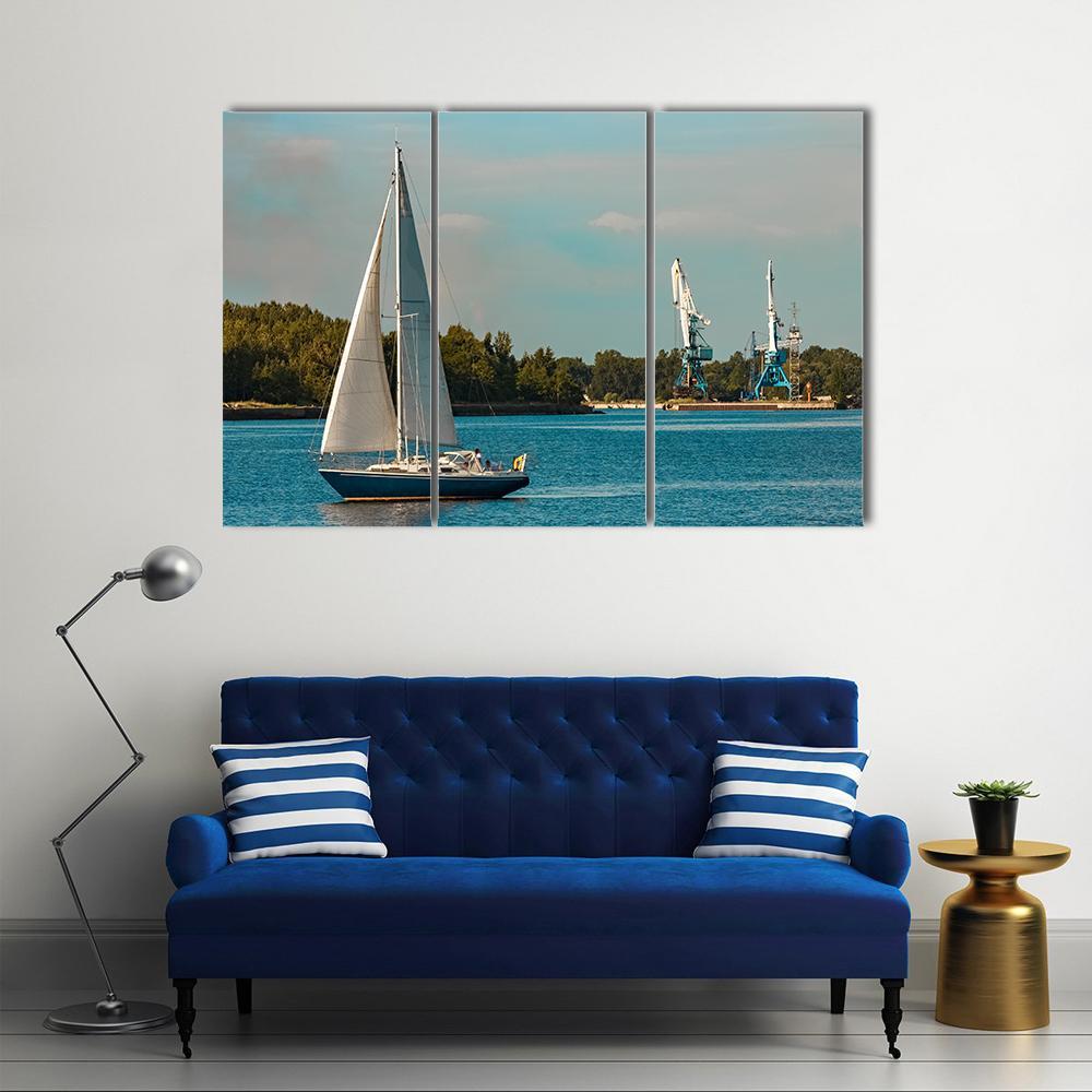 Blue Sailboat In Travel Canvas Wall Art-3 Horizontal-Gallery Wrap-37" x 24"-Tiaracle