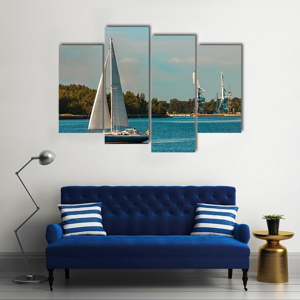 Blue Sailboat In Travel Canvas Wall Art-4 Pop-Gallery Wrap-50" x 32"-Tiaracle