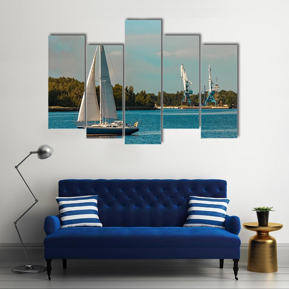Blue Sailboat In Travel Canvas Wall Art-5 Pop-Gallery Wrap-47" x 32"-Tiaracle