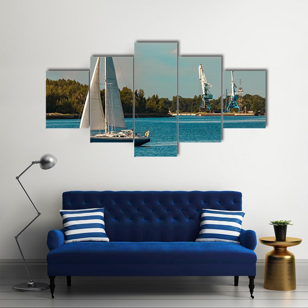 Blue Sailboat In Travel Canvas Wall Art-5 Star-Gallery Wrap-62" x 32"-Tiaracle