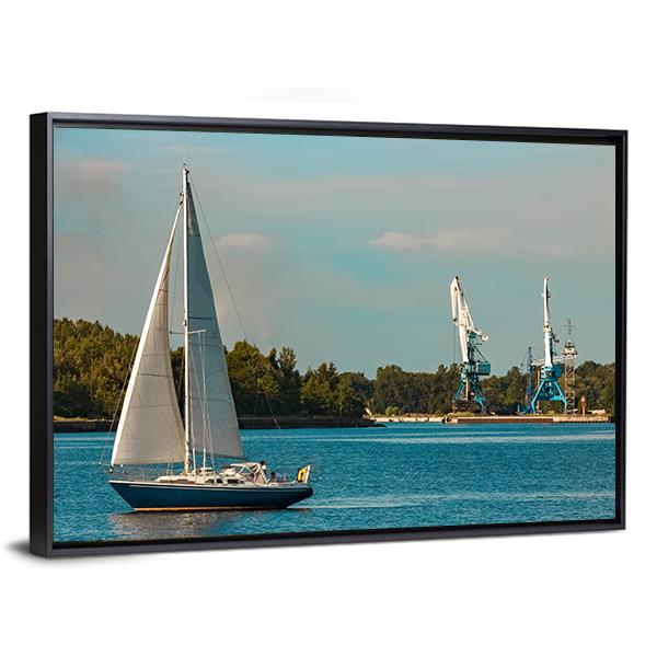 Blue Sailboat In Travel Canvas Wall Art-3 Horizontal-Gallery Wrap-25" x 16"-Tiaracle