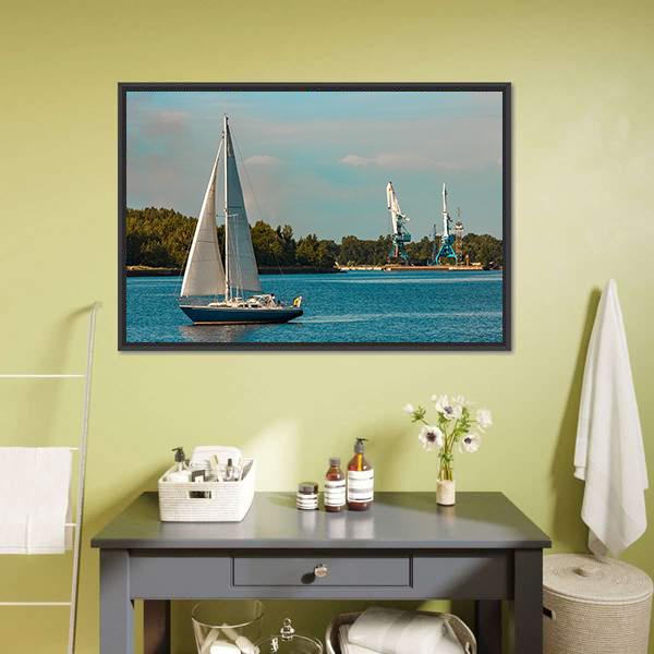 Blue Sailboat In Travel Canvas Wall Art-3 Horizontal-Gallery Wrap-25" x 16"-Tiaracle