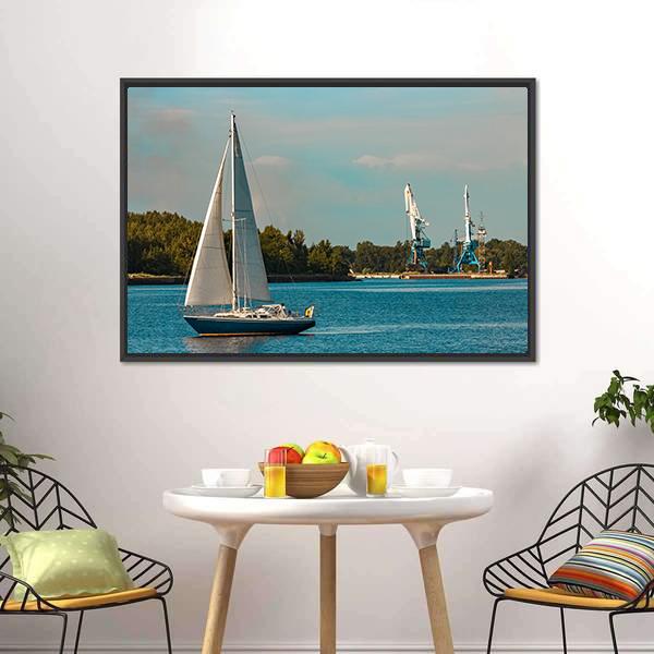 Blue Sailboat In Travel Canvas Wall Art-3 Horizontal-Gallery Wrap-25" x 16"-Tiaracle