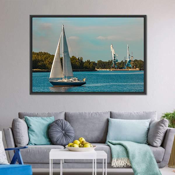 Blue Sailboat In Travel Canvas Wall Art-1 Piece-Floating Frame-24" x 16"-Tiaracle