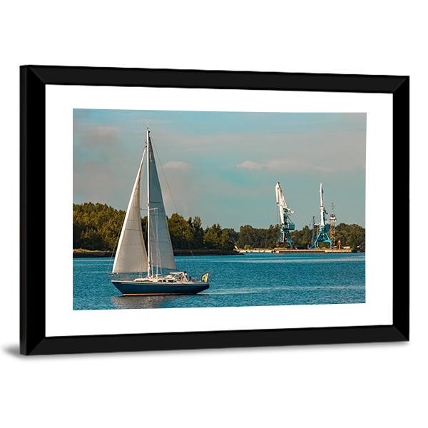 Blue Sailboat In Travel Canvas Wall Art-3 Horizontal-Gallery Wrap-25" x 16"-Tiaracle