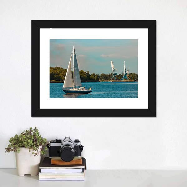 Blue Sailboat In Travel Canvas Wall Art-1 Piece-Framed Print-20" x 16"-Tiaracle
