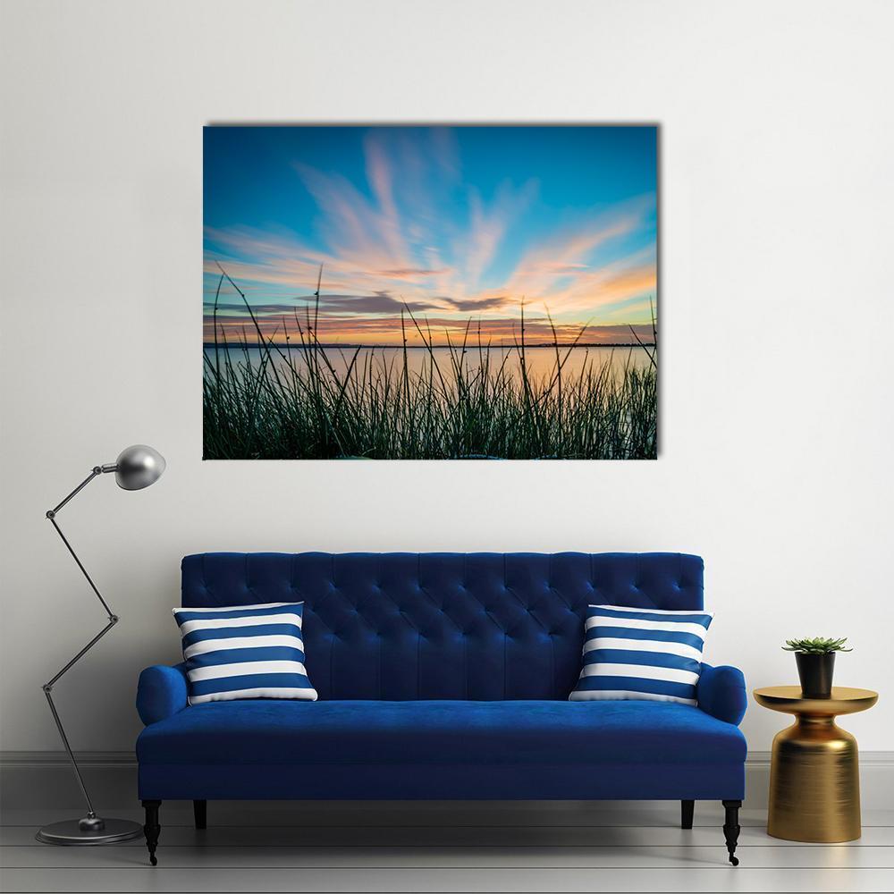 Blue Sky &amp; Sunset Over Lake Canvas Wall Art-1 Piece-Gallery Wrap-48" x 32"-Tiaracle