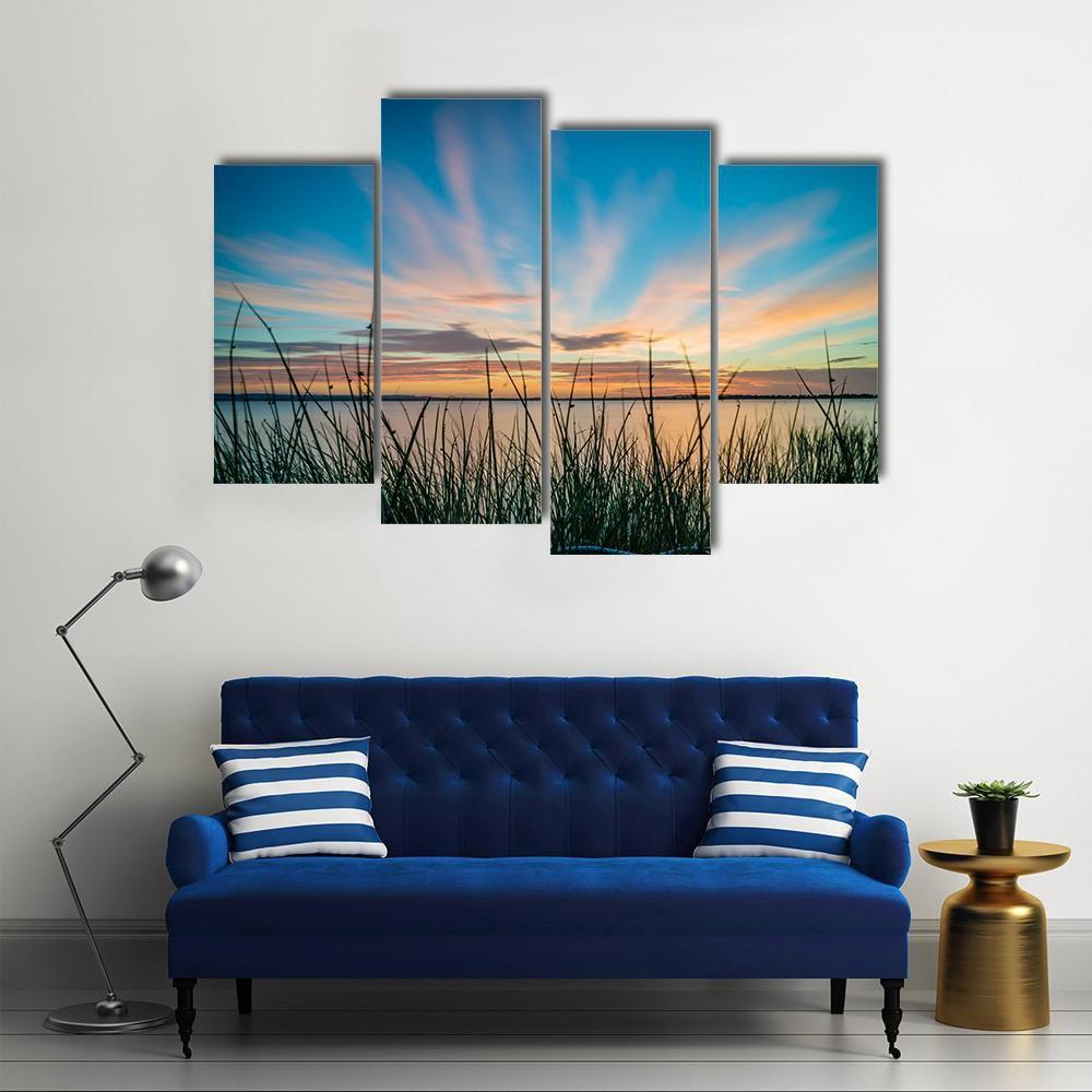 Blue Sky &amp; Sunset Over Lake Canvas Wall Art-4 Pop-Gallery Wrap-50" x 32"-Tiaracle