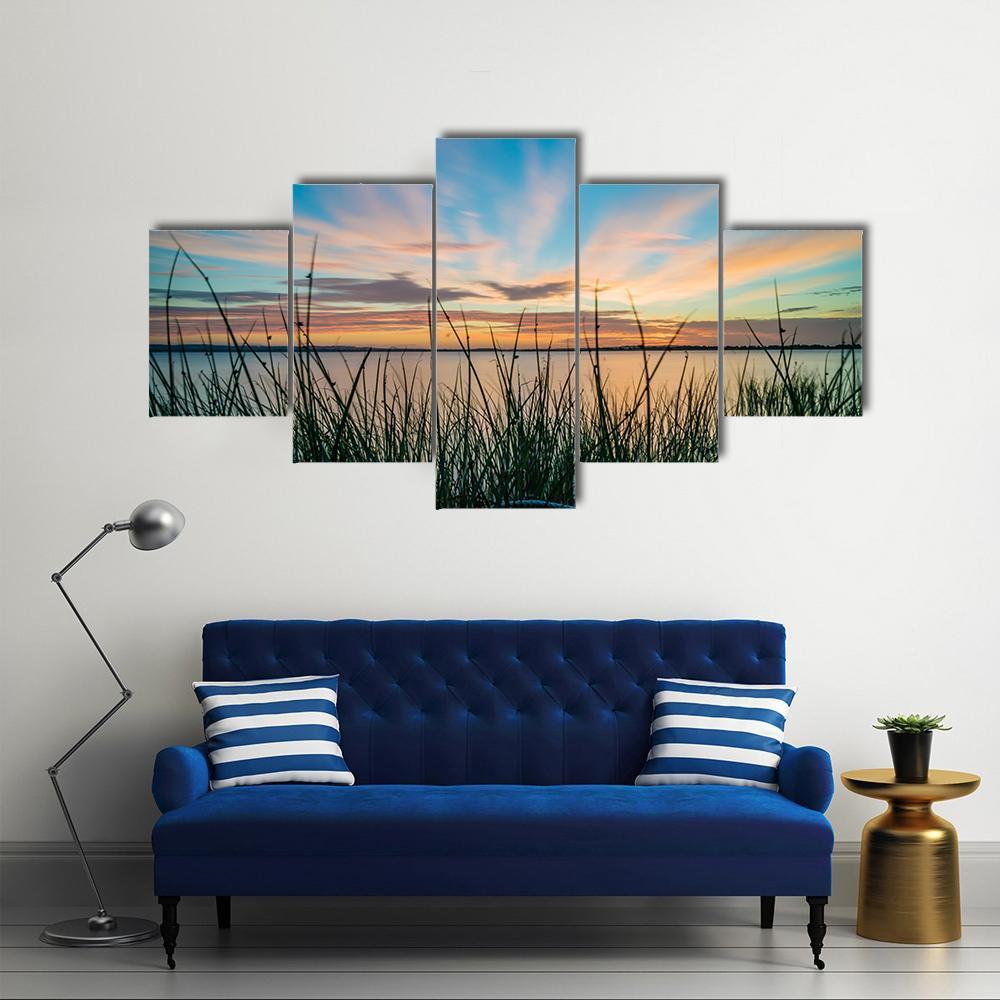 Blue Sky &amp; Sunset Over Lake Canvas Wall Art-5 Star-Gallery Wrap-62" x 32"-Tiaracle