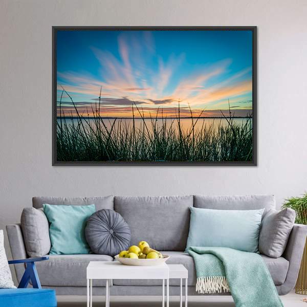Blue Sky &amp; Sunset Over Lake Canvas Wall Art-1 Piece-Floating Frame-24" x 16"-Tiaracle