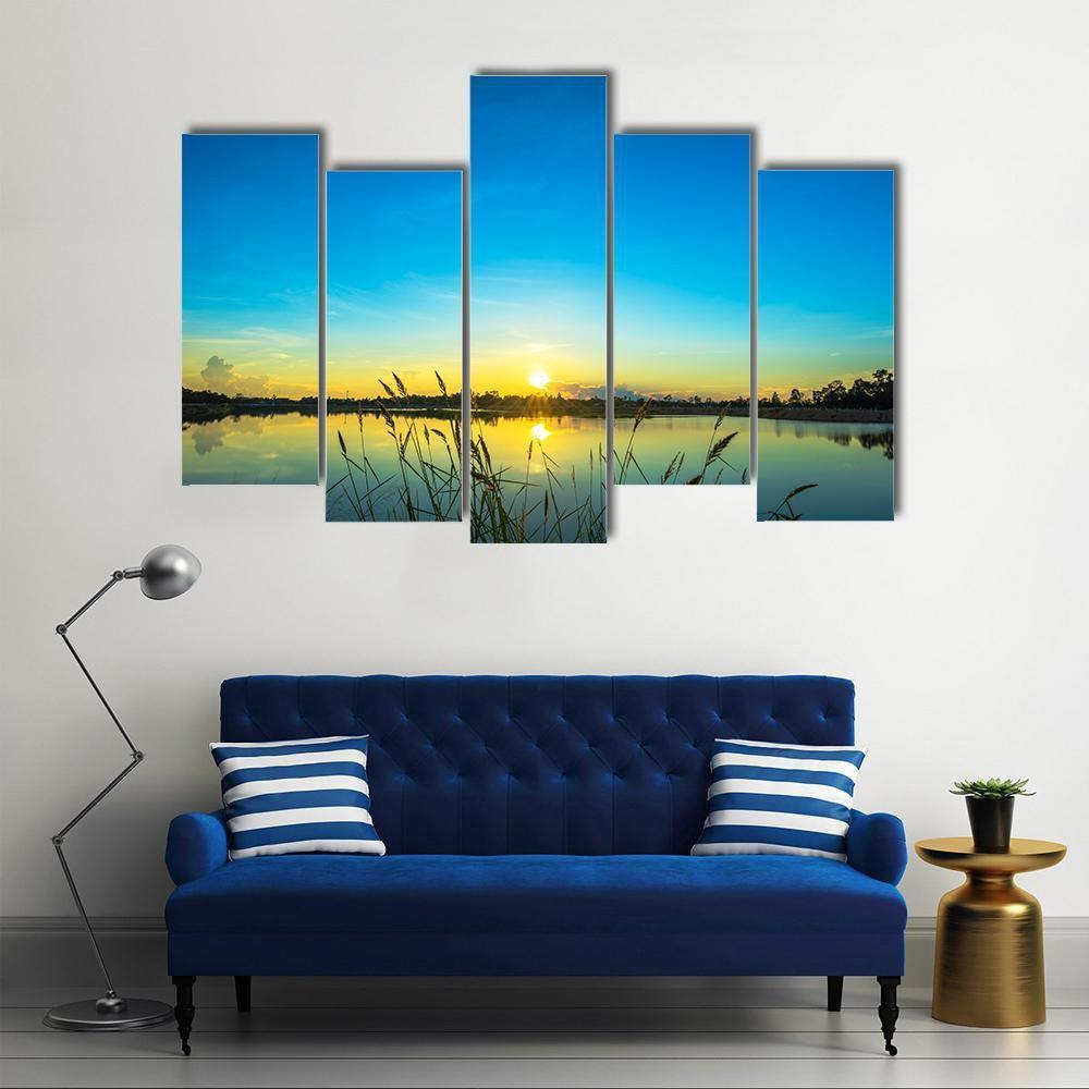 Blue Sky At Calm Lake Canvas Wall Art-5 Pop-Gallery Wrap-47" x 32"-Tiaracle