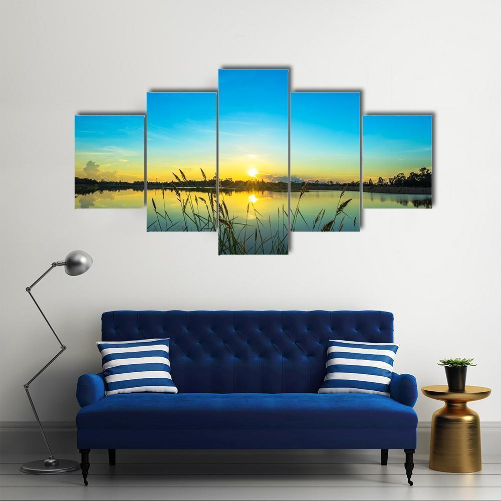 Blue Sky At Calm Lake Canvas Wall Art-5 Star-Gallery Wrap-62" x 32"-Tiaracle