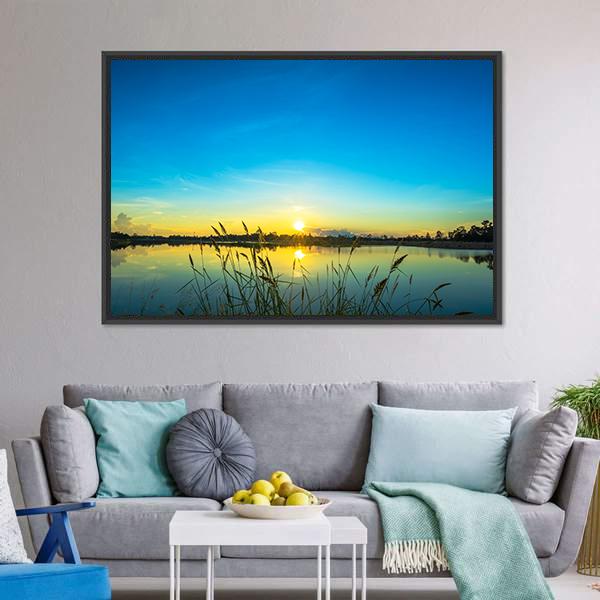 Blue Sky At Calm Lake Canvas Wall Art-1 Piece-Floating Frame-24" x 16"-Tiaracle