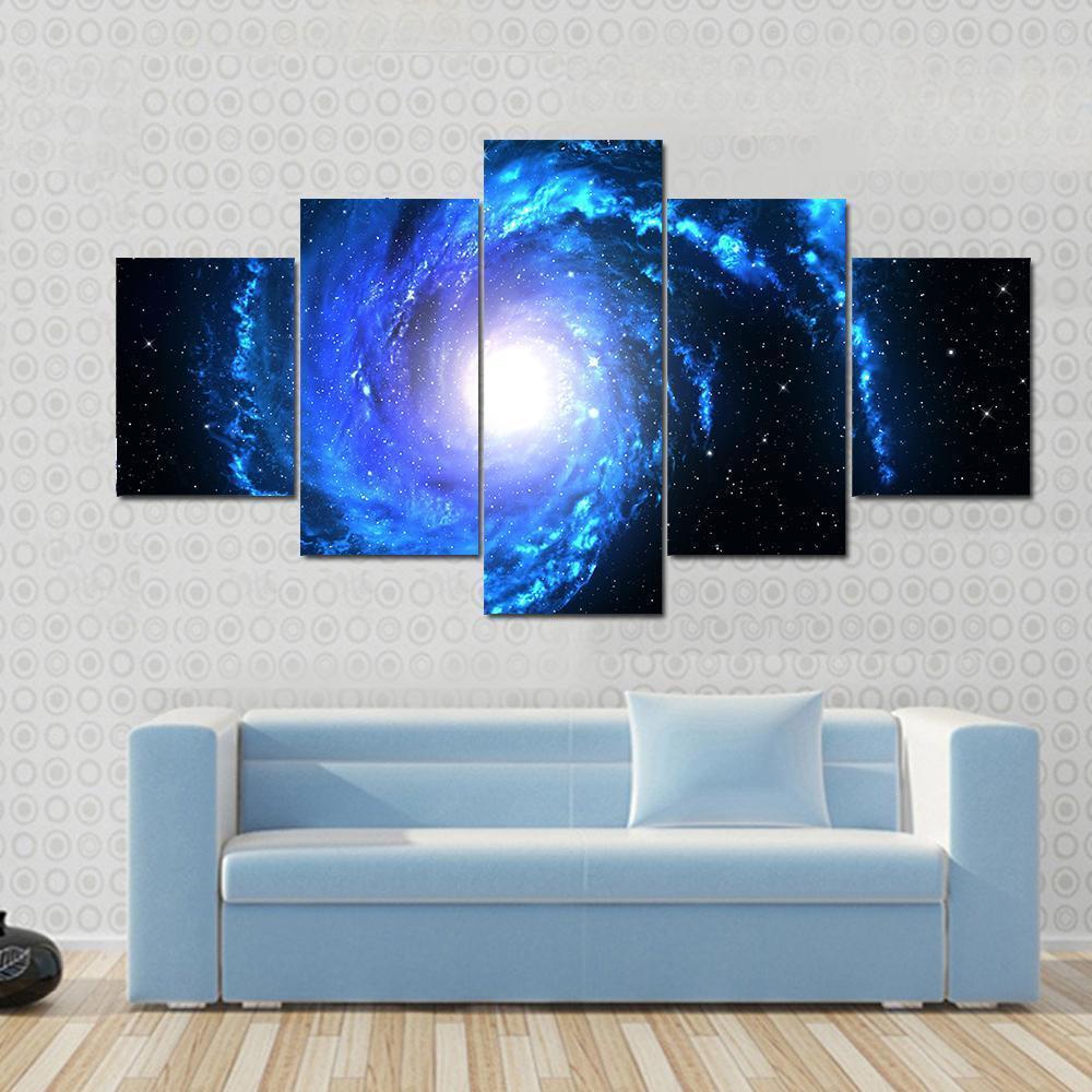 Blue Spiral Galaxy Canvas Wall Art-5 Star-Gallery Wrap-62" x 32"-Tiaracle