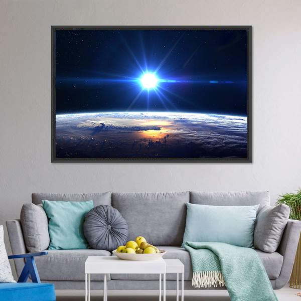 Blue Sun Light Over Planet Earth Canvas Wall Art-3 Horizontal-Gallery Wrap-25" x 16"-Tiaracle