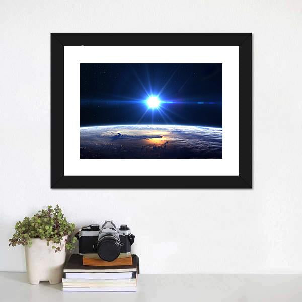 Blue Sun Light Over Planet Earth Canvas Wall Art-1 Piece-Framed Print-20" x 16"-Tiaracle