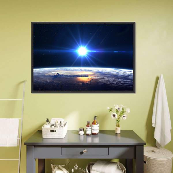 Blue Sun Light Over Planet Earth Canvas Wall Art-1 Piece-Floating Frame-24" x 16"-Tiaracle
