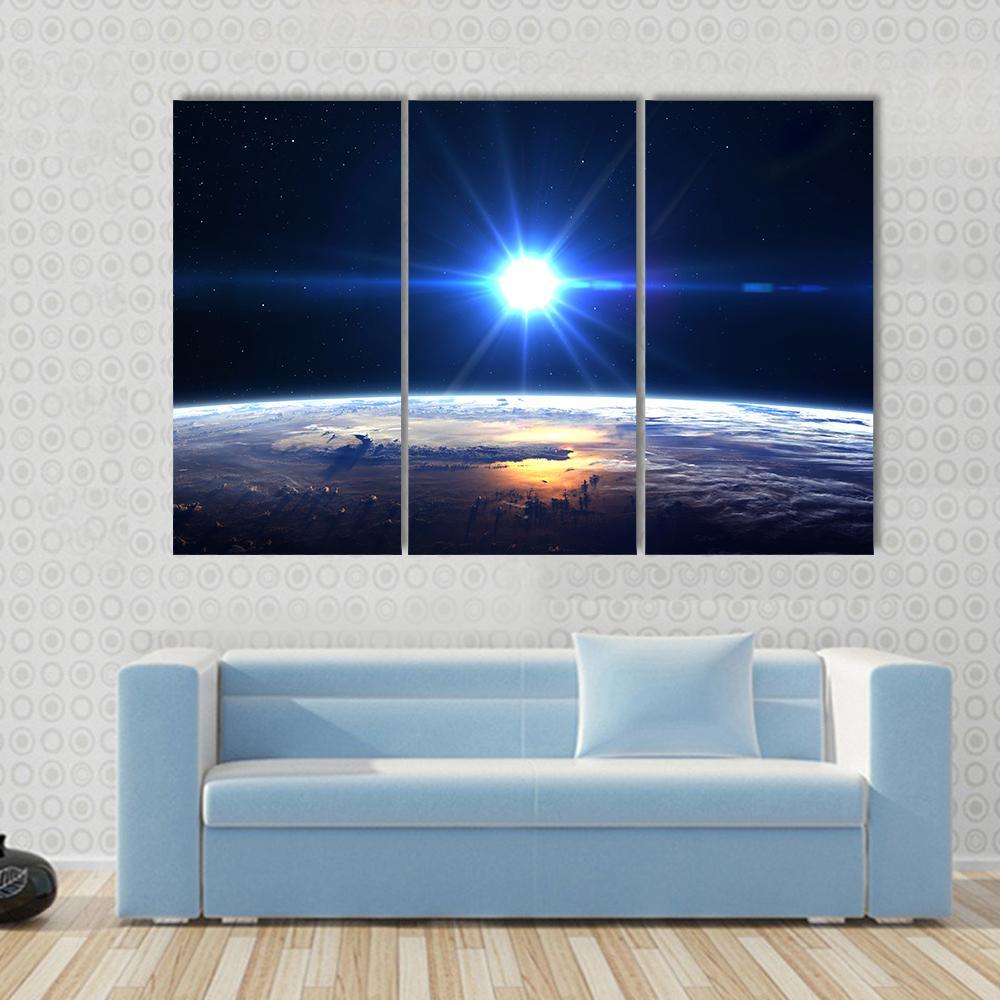 Blue Sun Light Over Planet Earth Canvas Wall Art-3 Horizontal-Gallery Wrap-37" x 24"-Tiaracle