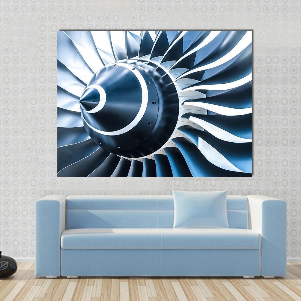 Jet Engine Blades Closeup Canvas Wall Art in white, silver and blue, single panel hung on a wall