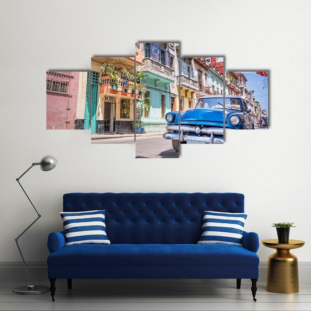 Blue Vintage Car Canvas Wall Art-5 Star-Gallery Wrap-62&quot; x 32&quot;-Tiaracle