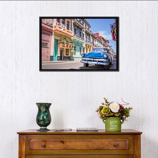 Vintage Blue Car in Havana Street Scene Canvas Wall Art in beige, blue and multicolor, framed canvas, product view on a white background