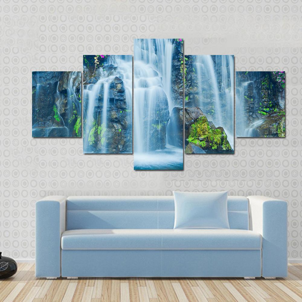Blue Waterfall Hawaii Canvas Wall Art-5 Star-Gallery Wrap-62" x 32"-Tiaracle
