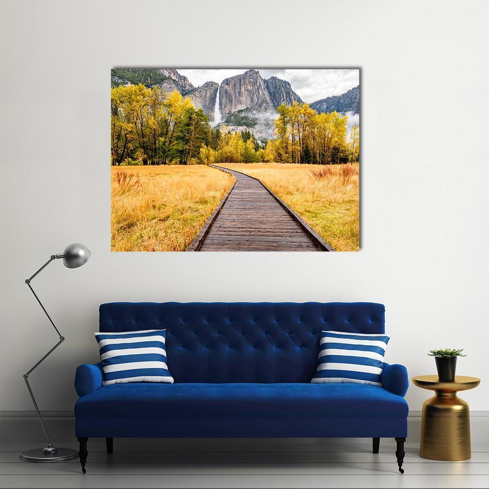 Boardwalk in Yosemite National Park Canvas Wall Art in gray, brown and yellow, single panel hung on a wall