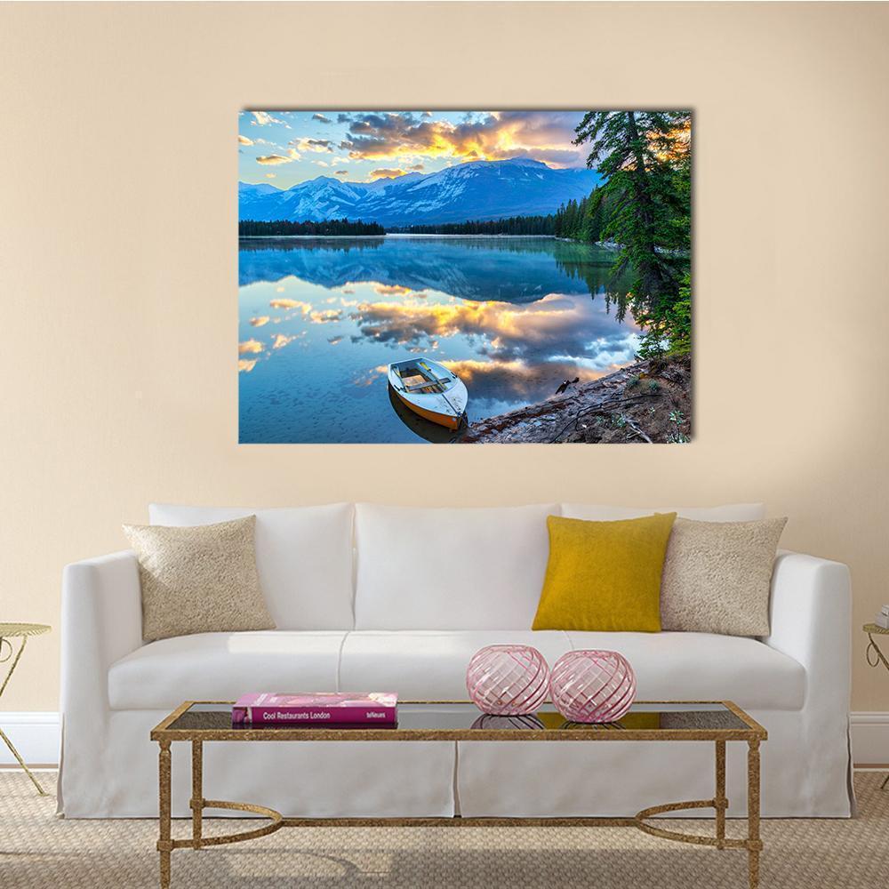 Boat at Edith Lake Canvas Wall Art in orange, yellow and blue, single panel hung on a wall