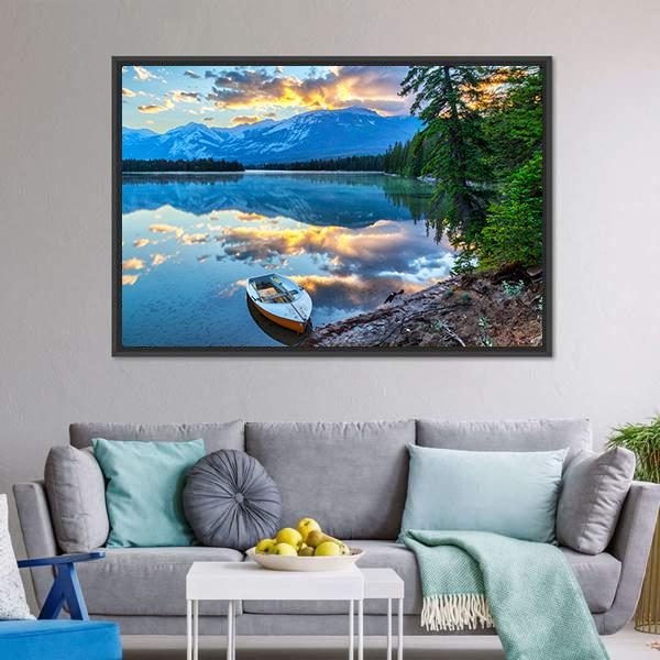 Boat At Edith Lake Canvas Wall Art-1 Piece-Floating Frame-24" x 16"-Tiaracle