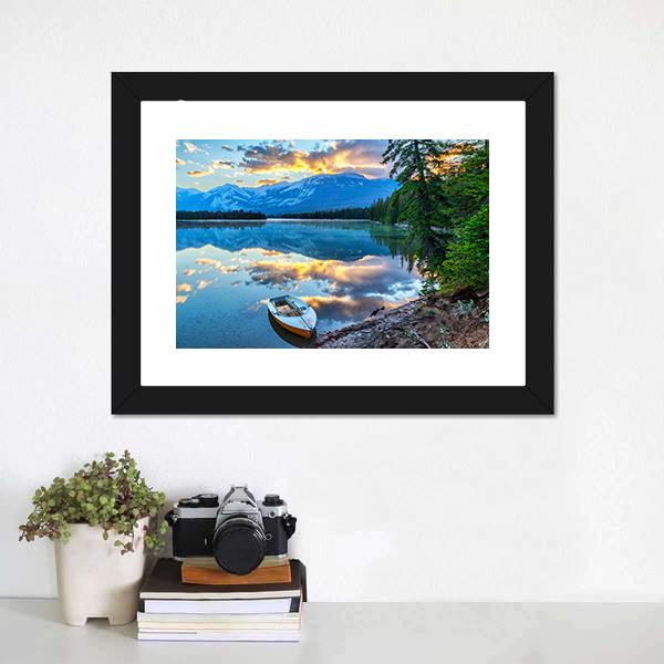 Boat At Edith Lake Canvas Wall Art-1 Piece-Framed Print-20" x 16"-Tiaracle