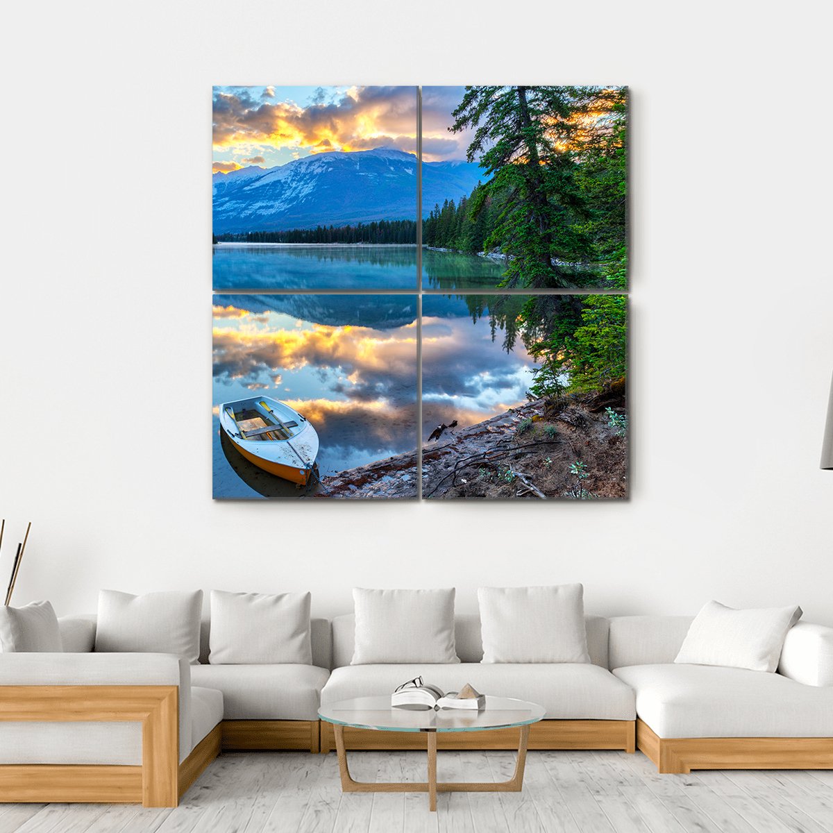 Boat At Edith Lake Canvas Wall Art-4 Square-Gallery Wrap-17" x 17"-Tiaracle