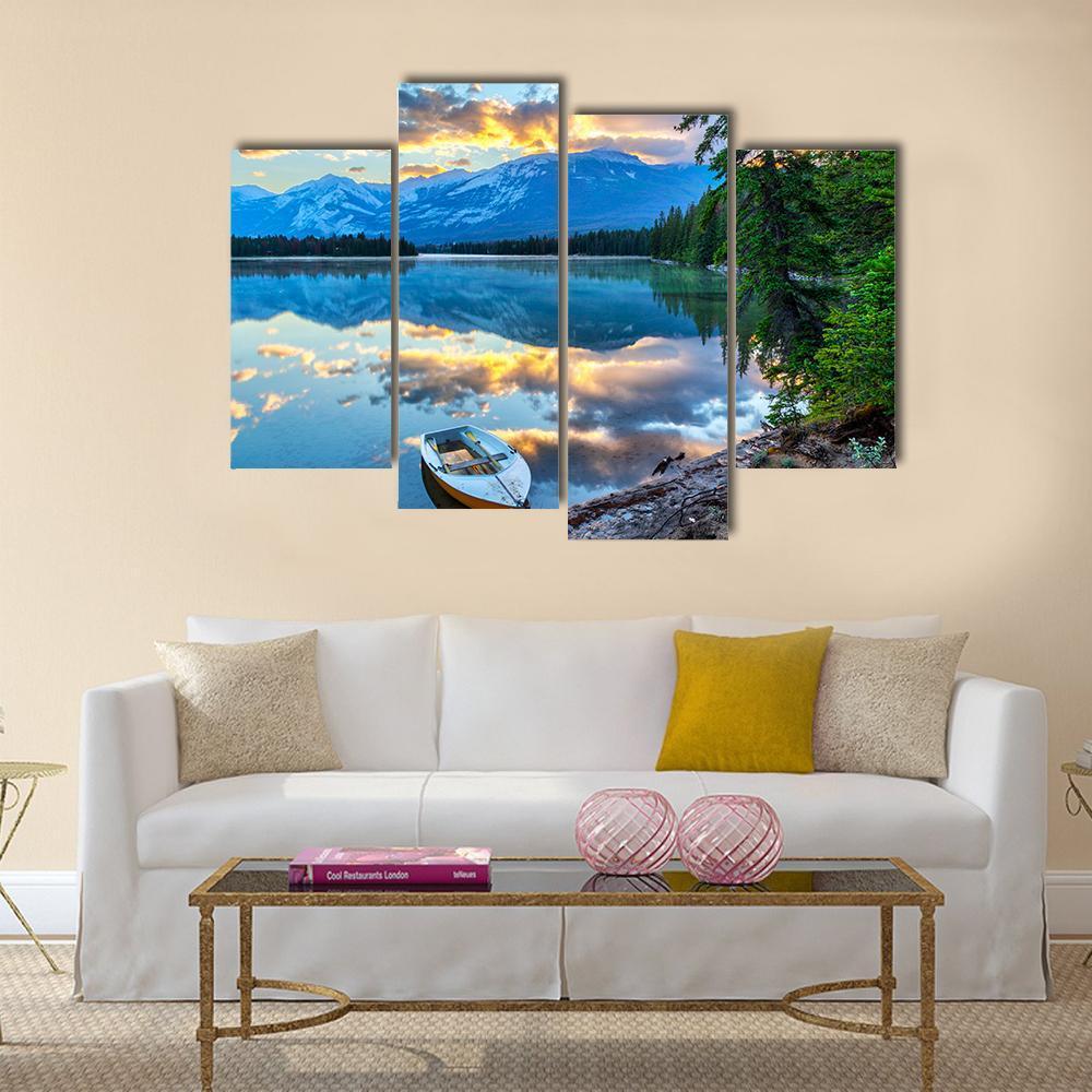 Boat At Edith Lake Canvas Wall Art-4 Pop-Gallery Wrap-50" x 32"-Tiaracle