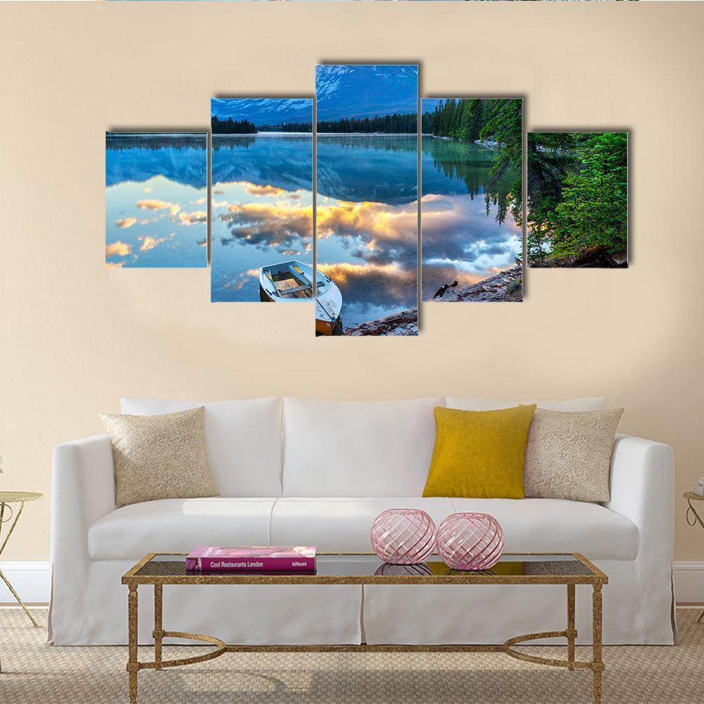 Boat At Edith Lake Canvas Wall Art-5 Star-Gallery Wrap-62" x 32"-Tiaracle