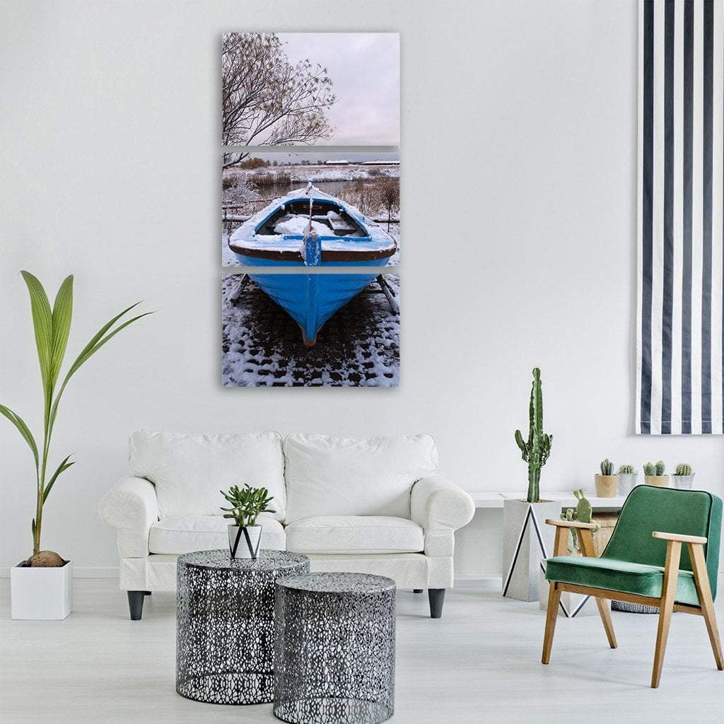Boat Covered With Snow Vertical Canvas Wall Art-3 Vertical-Gallery Wrap-12" x 25"-Tiaracle