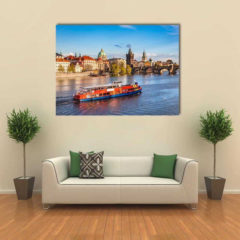 Cruise Boat On Vltava River Canvas Wall Art-4 Horizontal-Gallery Wrap-34" x 24"-Tiaracle