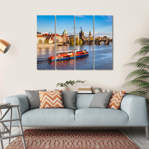Cruise Boat On Vltava River Canvas Wall Art-4 Horizontal-Gallery Wrap-34" x 24"-Tiaracle