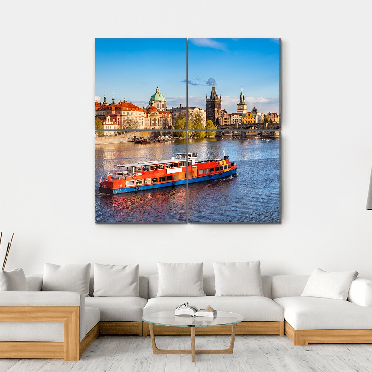 Cruise Boat On Vltava River Canvas Wall Art-4 Square-Gallery Wrap-17" x 17"-Tiaracle