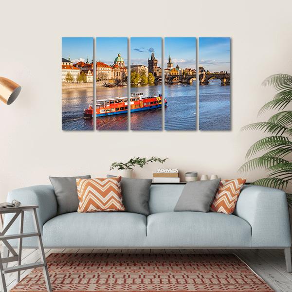Cruise Boat On Vltava River Canvas Wall Art-5 Horizontal-Gallery Wrap-22" x 12"-Tiaracle