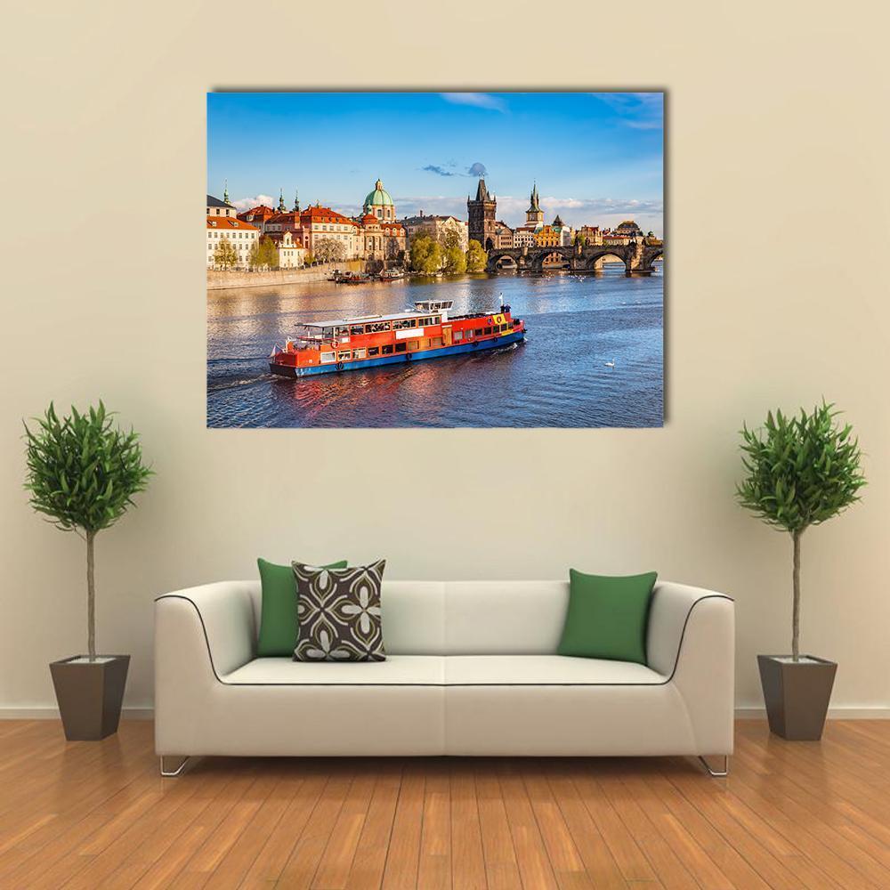 Cruise Boat on Vltava River Canvas Wall Art in beige, orange and blue, single panel hung on a wall