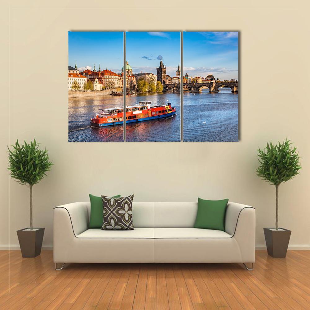 Cruise Boat On Vltava River Canvas Wall Art-3 Horizontal-Gallery Wrap-37" x 24"-Tiaracle