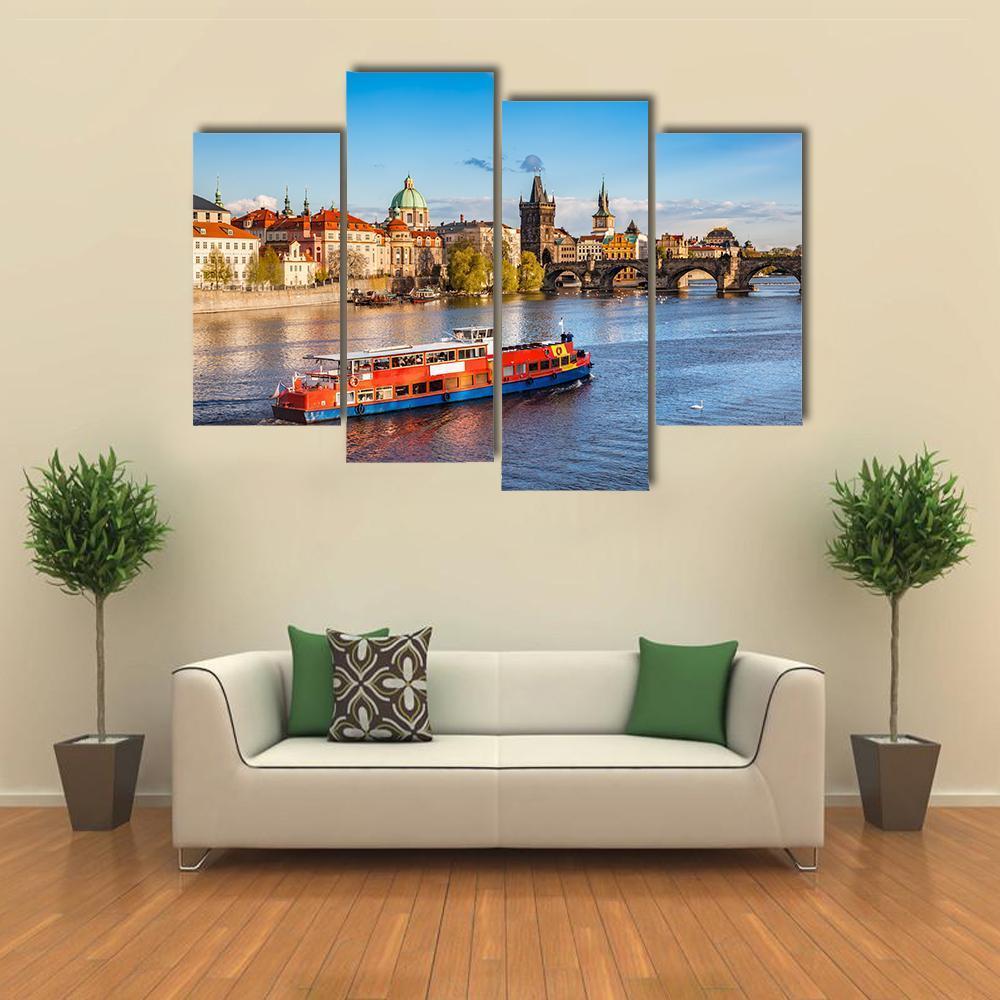 Cruise Boat On Vltava River Canvas Wall Art-4 Pop-Gallery Wrap-50" x 32"-Tiaracle