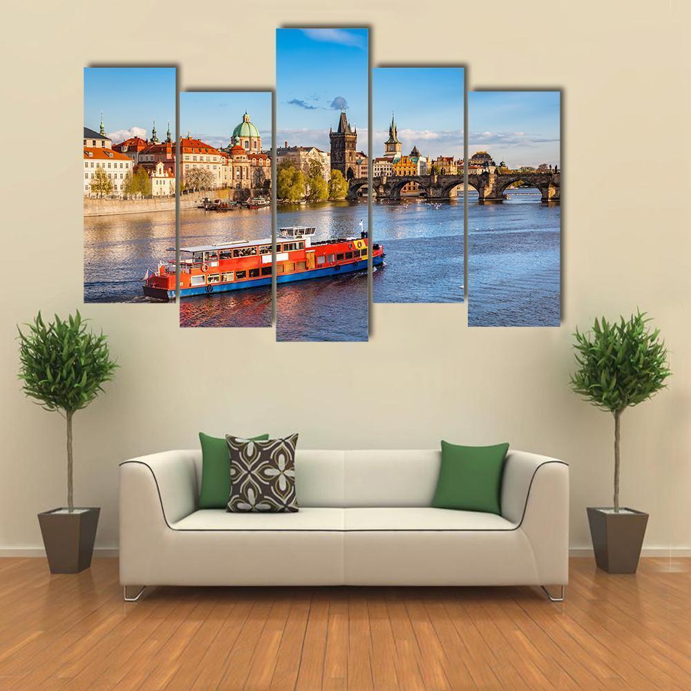 Cruise Boat On Vltava River Canvas Wall Art-5 Pop-Gallery Wrap-47" x 32"-Tiaracle