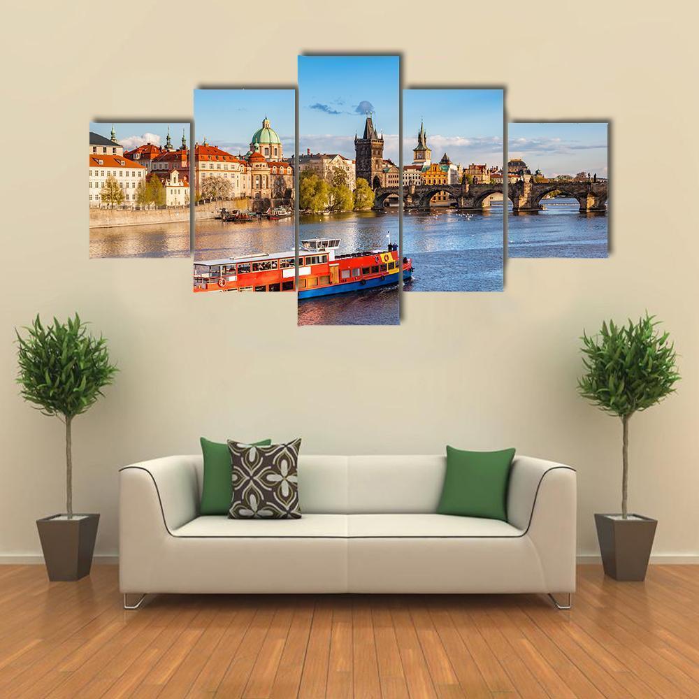 Cruise Boat On Vltava River Canvas Wall Art-5 Star-Gallery Wrap-62" x 32"-Tiaracle
