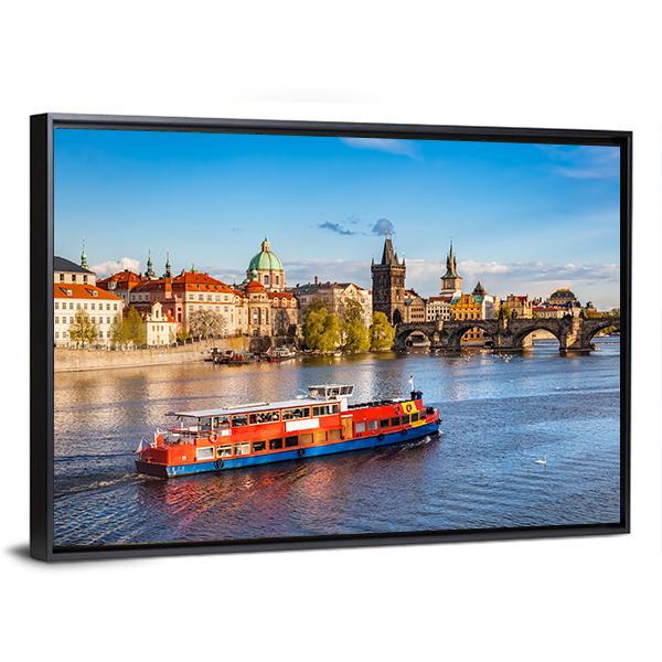 Cruise Boat On Vltava River Canvas Wall Art-3 Horizontal-Gallery Wrap-25" x 16"-Tiaracle