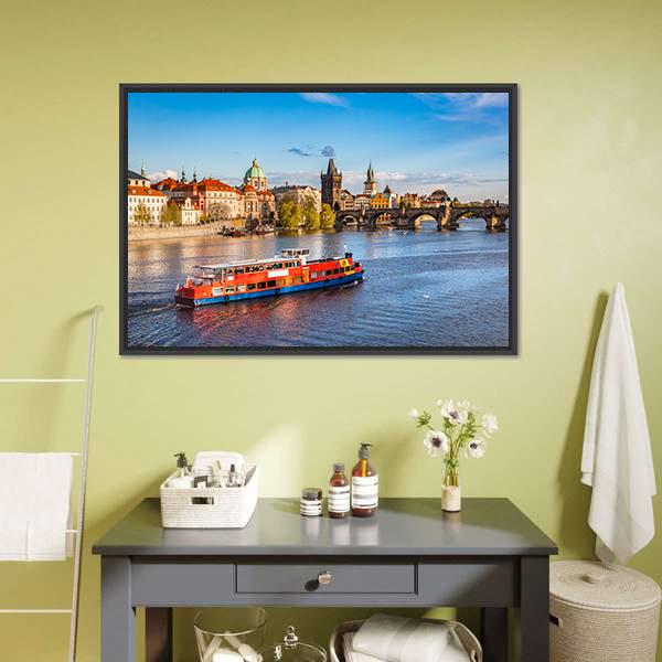 Cruise Boat On Vltava River Canvas Wall Art-3 Horizontal-Gallery Wrap-25" x 16"-Tiaracle
