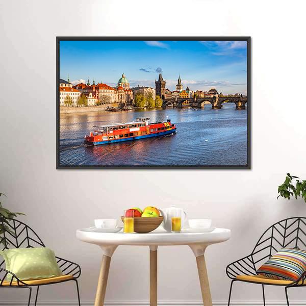 Cruise Boat On Vltava River Canvas Wall Art-3 Horizontal-Gallery Wrap-25" x 16"-Tiaracle