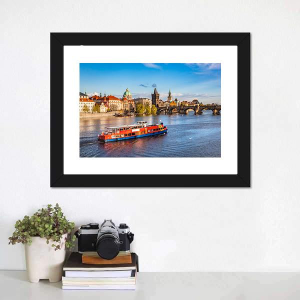 Cruise Boat On Vltava River Canvas Wall Art-1 Piece-Framed Print-20" x 16"-Tiaracle